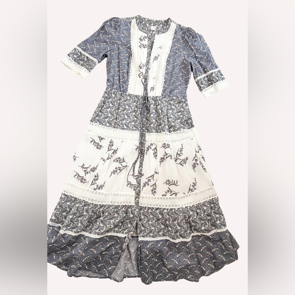 La Vie Rebecca Taylor Patchwork Floral Prairie Midi Dress Cotton Lace Trim - Picture 6 of 15